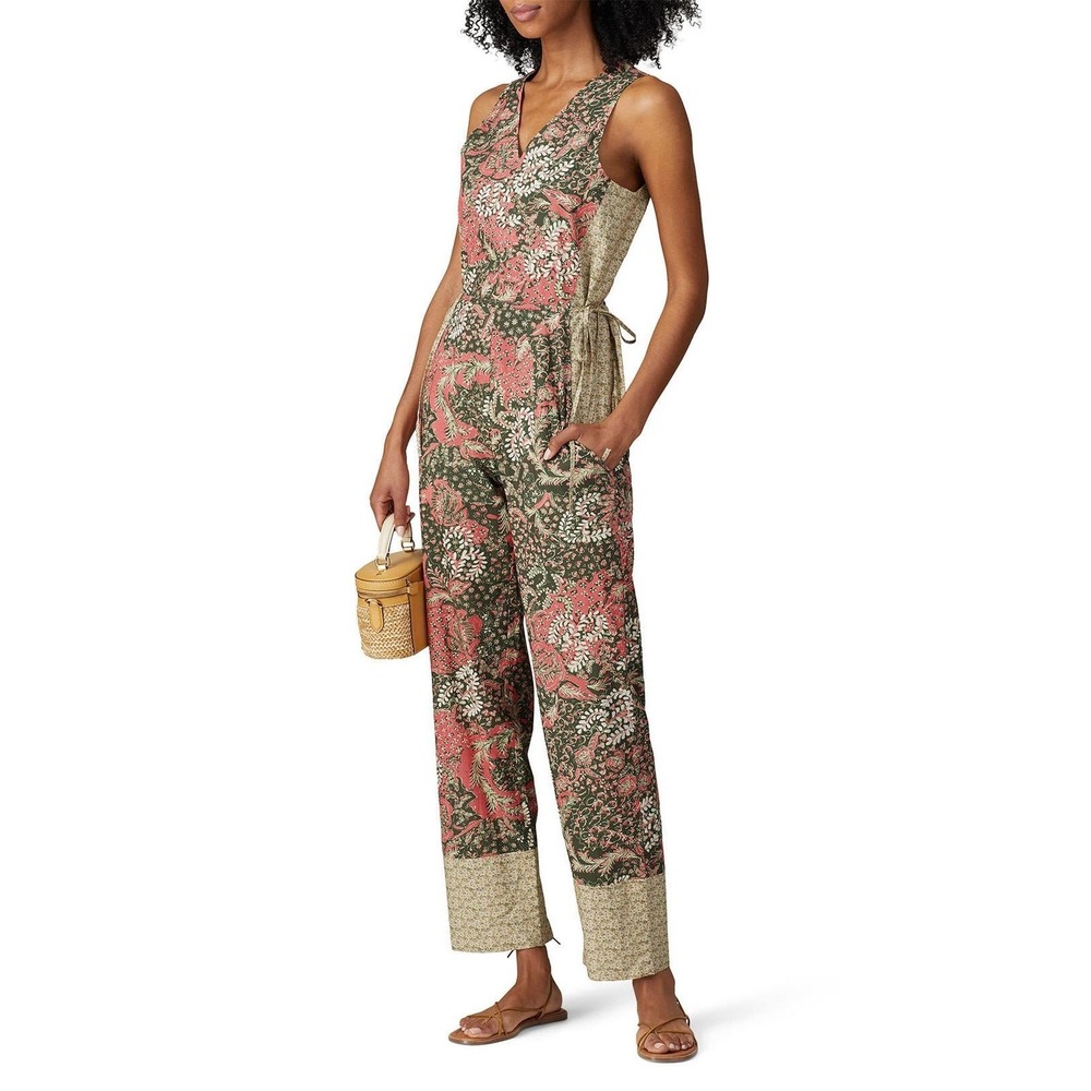 Warm Floral Pink and Green Sleeveless V-Neck Printed Cotton Jumpsuit Size‎ 2